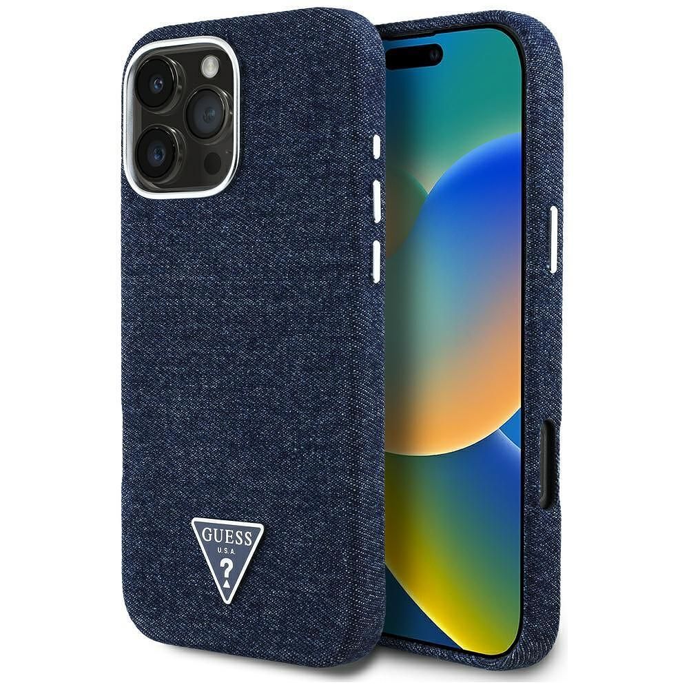 Guess – калъф denim triangle logo magsafe за iphone 16 pro – син