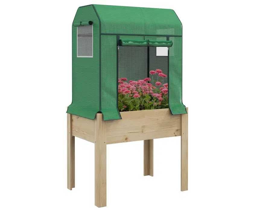 Pat de gradinarit cu mini sera, structura din lemn, copertina PE verde
