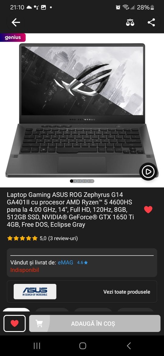 Laptop Gaming 14 inchi ASUS ROG Zephyrus G14 GA401II  120hz Gtx 1650Ti