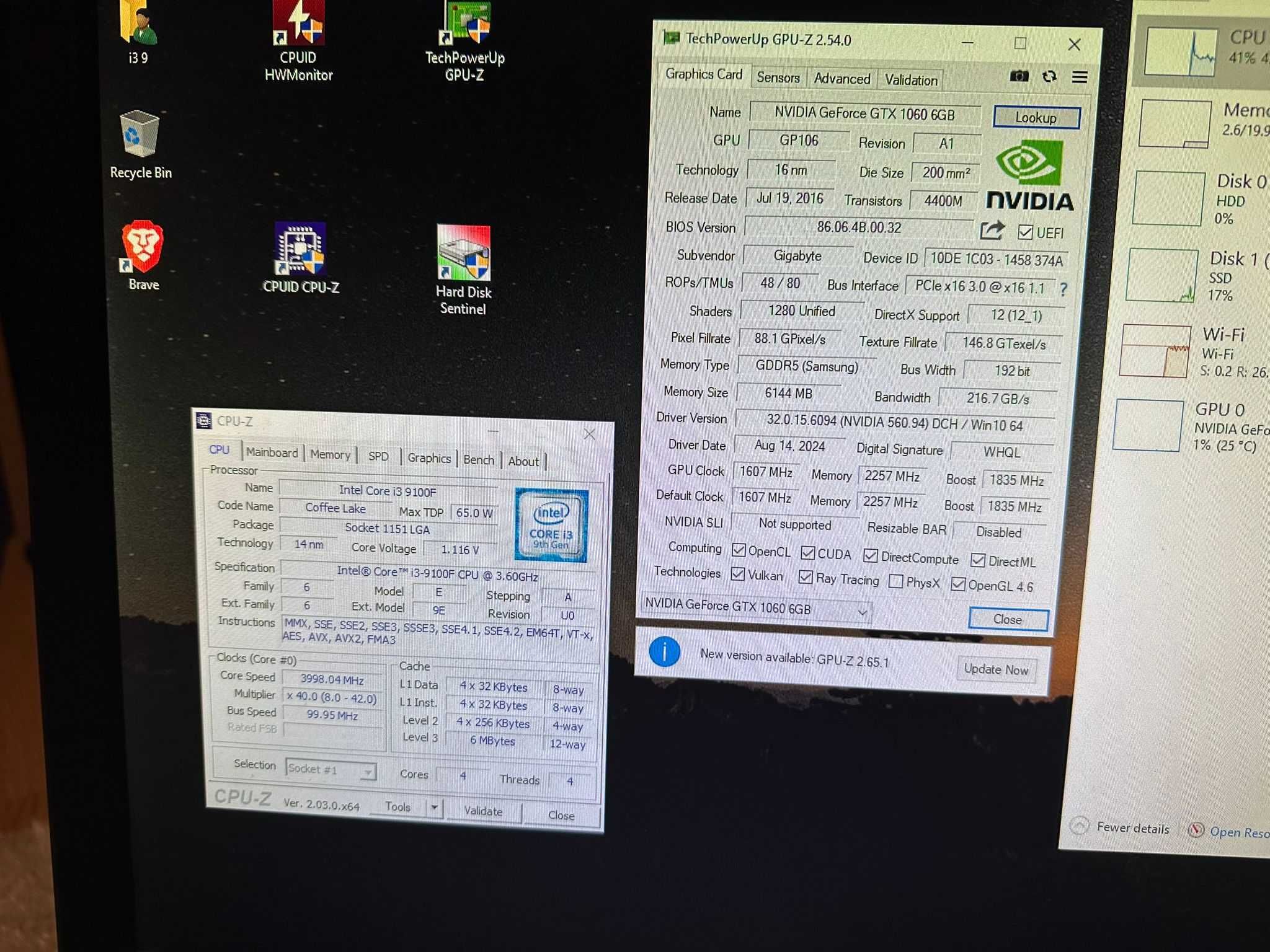 Pc Gaming Intel I3 9100F 16GB 512GB SSD 2TB HDD PV GTX 1060 6 GB Aorus