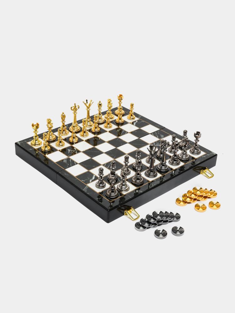 Подарочные шахматы, набор шахматы, шашки, металлические 39х39
