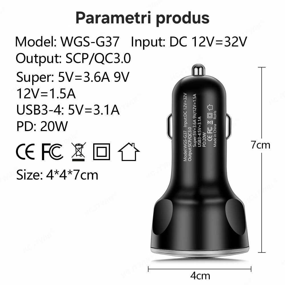 Bricheta auto încărcător 5 porturi: 4USB+1UsbC. Display LED. 250W.