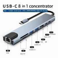 Adaptor HDMI Tip C 8in1 Hub Multi Port SD+TF+RJ45+HDMI+USB 3.0