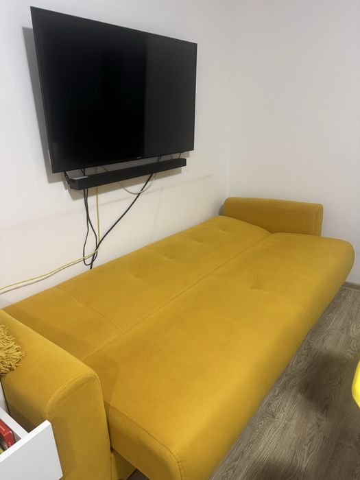 Canapea extensibila 3 locuri, lada depozitare, culoare galben mustar,