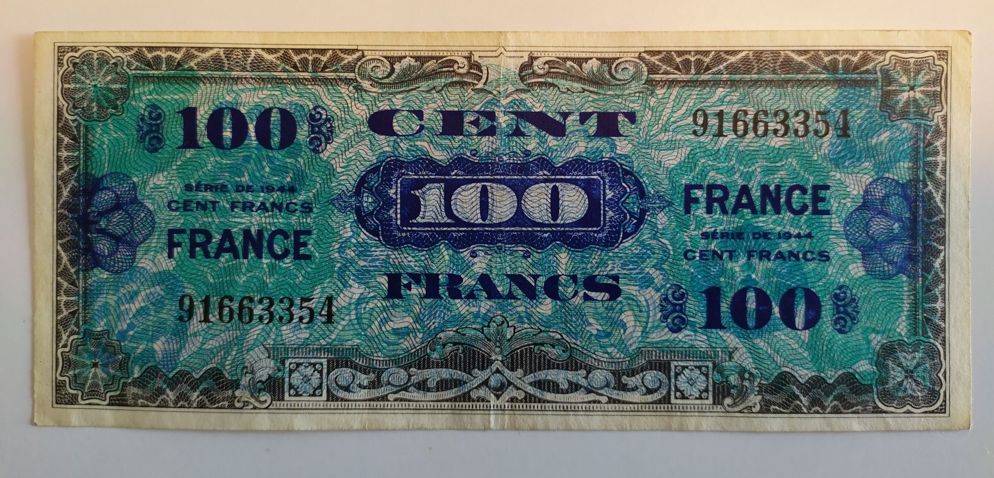 100 Franci  1944 Franta  bancnota de ocupatie aliatilor Hitler razboi