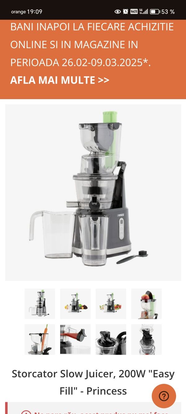Storcator Slow Juicer, 200W "Easy Fill" - Princess