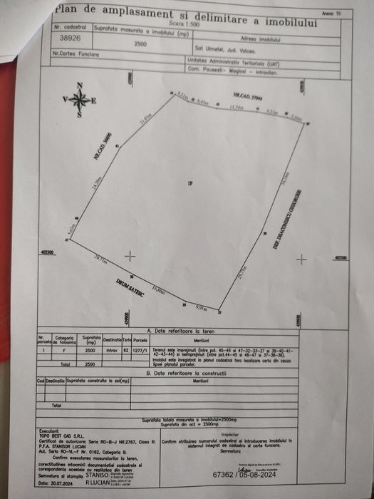 De vânzare teren intravilan – 2.500 mp ,15 euro mp,sat Ulmețel, Rm.VL