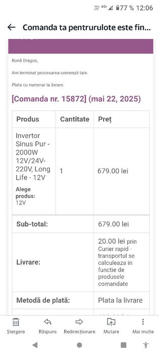 Vand Invertor auto 12-220V,  2000W pt Long Life  sinus pur cumparat de