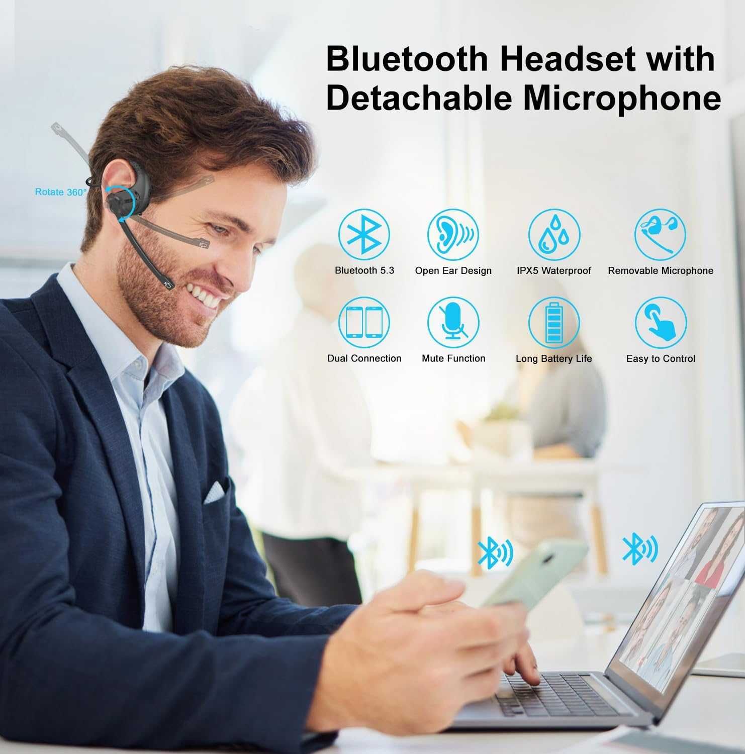 iDIGMALL Bluetooth 5.3 слушалки с магнитен подвижен микрофон, 12 часа