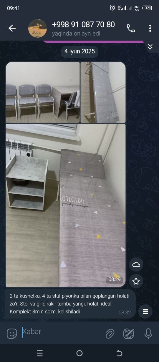 2 ta kushetka  4ta stul. Gildirakli tumba va  stul yengi.  va stulll.
