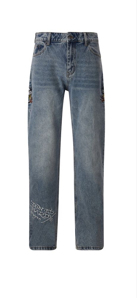 Ed Hardy men’s hell-cats tattoo graphic denim trousers jeans - bleach