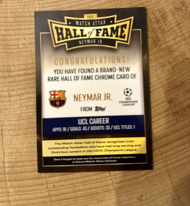 Cartonas Hall of Fame Neymar Barcelona Topps Match Attax UCL 25/26