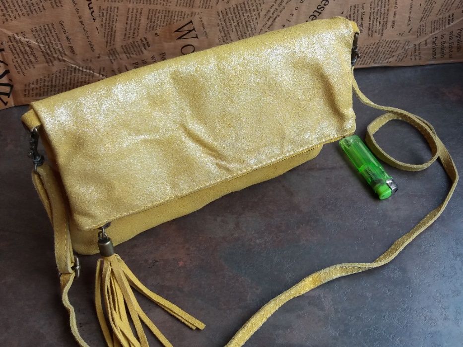 дамска чанта,велурена торба-жълта естествена кожа,велур