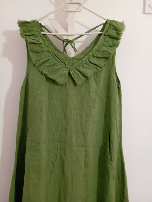 Дълга, зелена, ленена рокля. 100% лен. Нова!