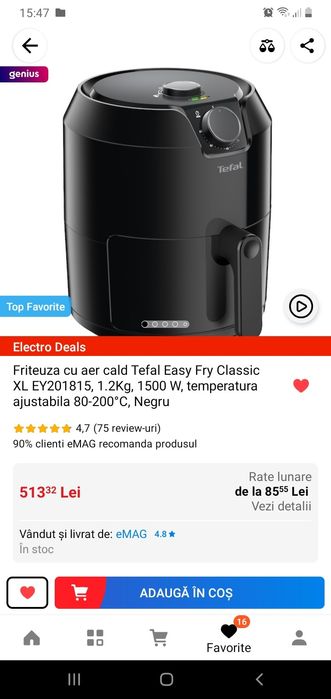 Friteuza fara ulei Tefal Easy Fry Classic XL EY201815, 1.2Kg, 1500 W,