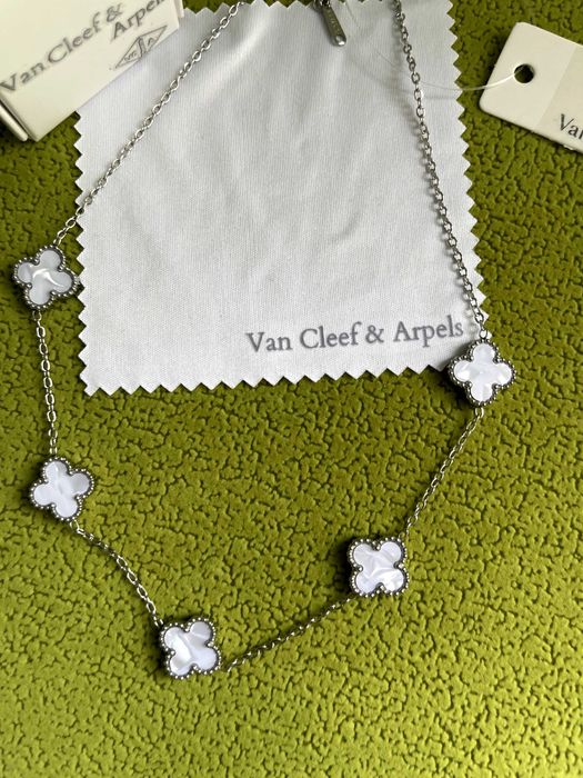 ван клиф колие бял седеф неръждаема стомана детелина van cleef