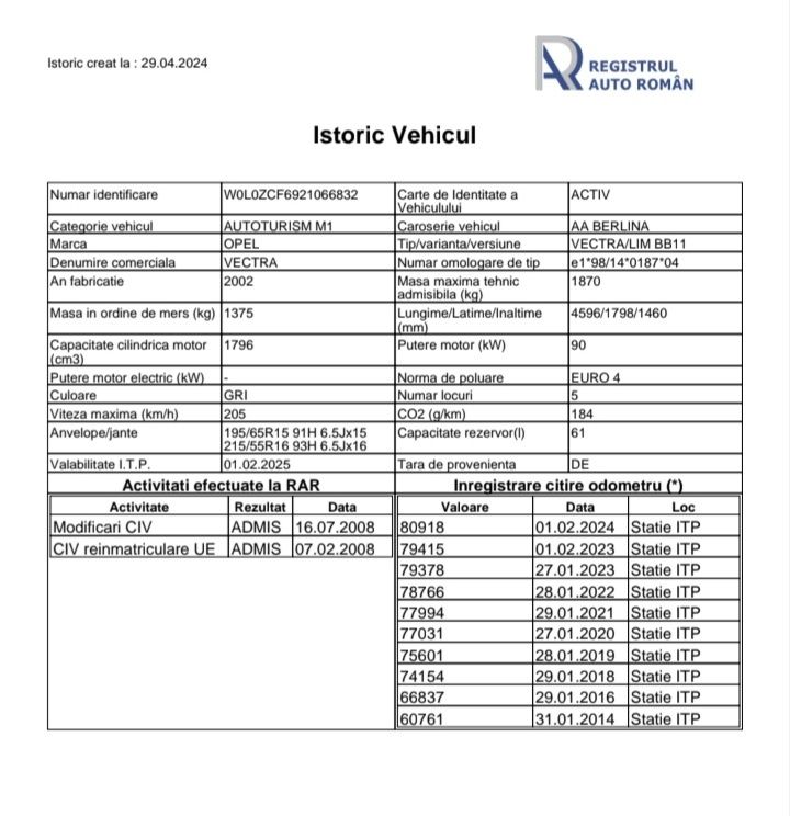 Opel Vectra C 1,8 Benzina 82000 km Absolut Reali. Carte service Opel