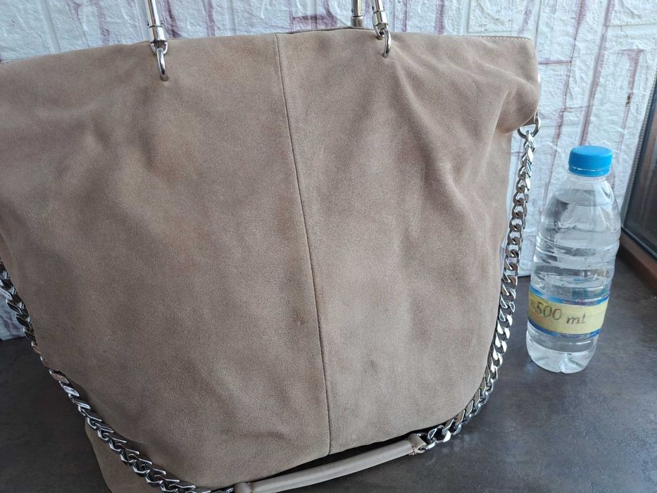 дамска чанта ZARA,бежова велурена торба-естествена кожа