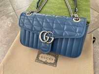 Geanta Gucci din piele albastra autentica Gucci Marmont, maner si lant