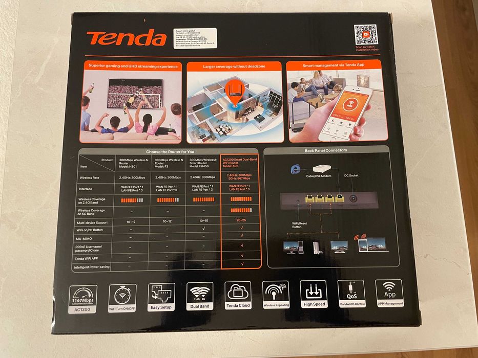 Router Wireless TENDA AC6 AC1200, Dual-Band 300 + 867 Mbps, negru