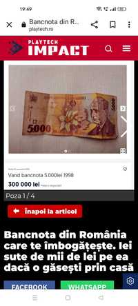 Bancnota 5000 lei, an 1998, având chipul lui Lucian Blaga