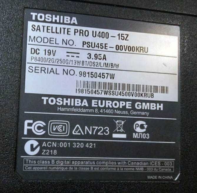 Ноутбук Toshiba Satellite Pro U400-15Z, Core2Duo 2,26/4Gb/250Gb/13,3"