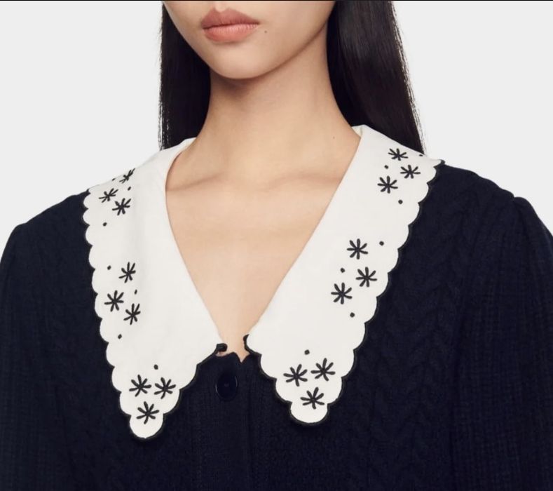 Тъмносин вълнен кардиган Sandro с бродирана яка размер L