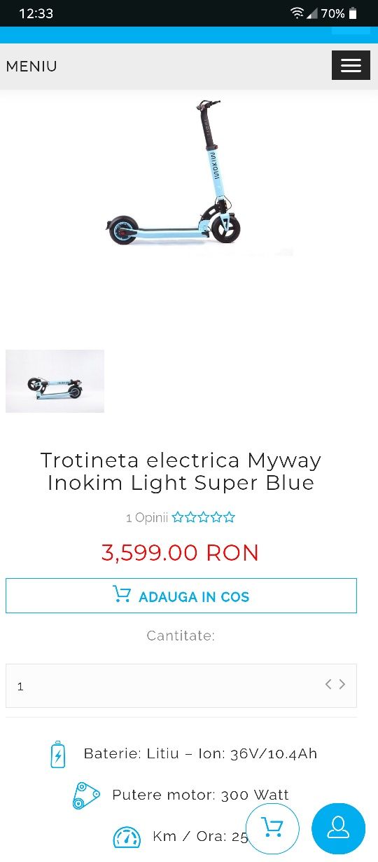 Trotineta electrica Inokim Light Super Blue, Display Motor 300W 25 KM