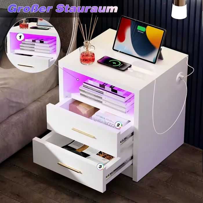 Noptiera dormitor cu iluminare LED cu functie de incarcare