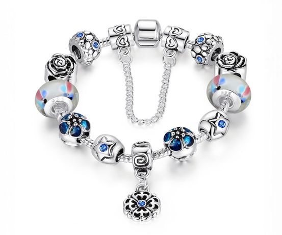 Bratara noua tip Pandora placata cu argint, talismane albastre