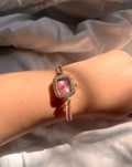 Ceas patrat auriu cu roz quartz tip Swarovski Pandora dupe rhinestone