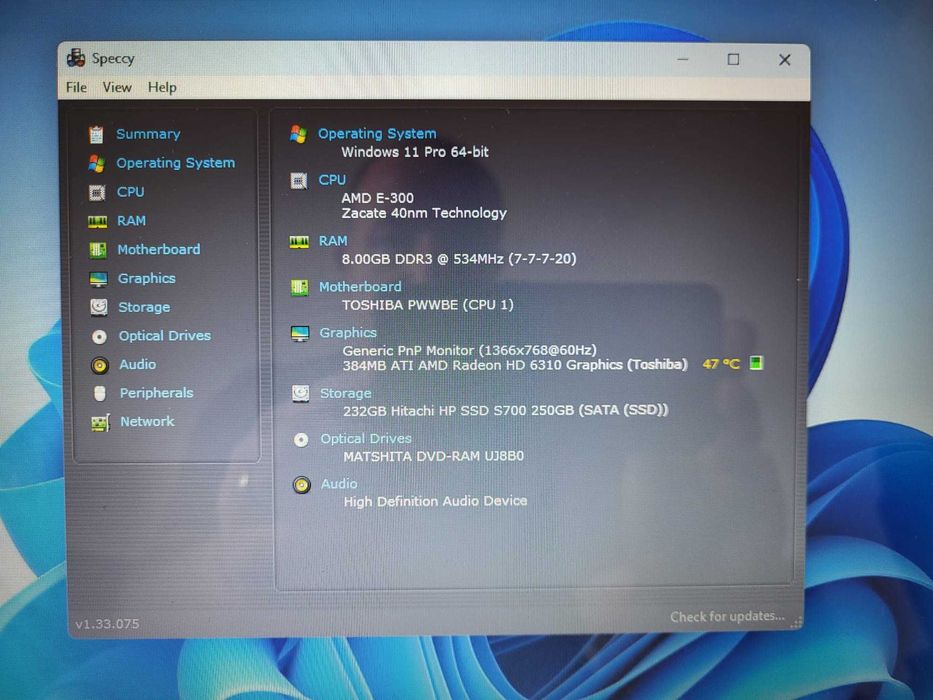 Toshiba Satellite C660D 15.6" CPU AMD E-300 1.3 GHz 8Gb DDR3 256Gb SSD
