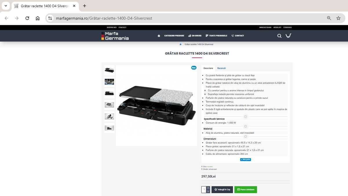 Grătar raclette 1400 D4 Silvercrest