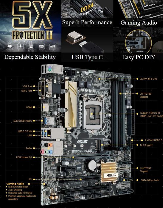 Дъно Дънна платка ASUS B150-PLUS LGA 1151 DDR4 до 64GB