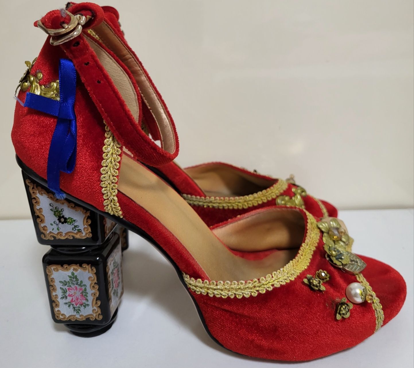 Sandale rosii vintage,  catifea,  piele naturala toc 10 cm