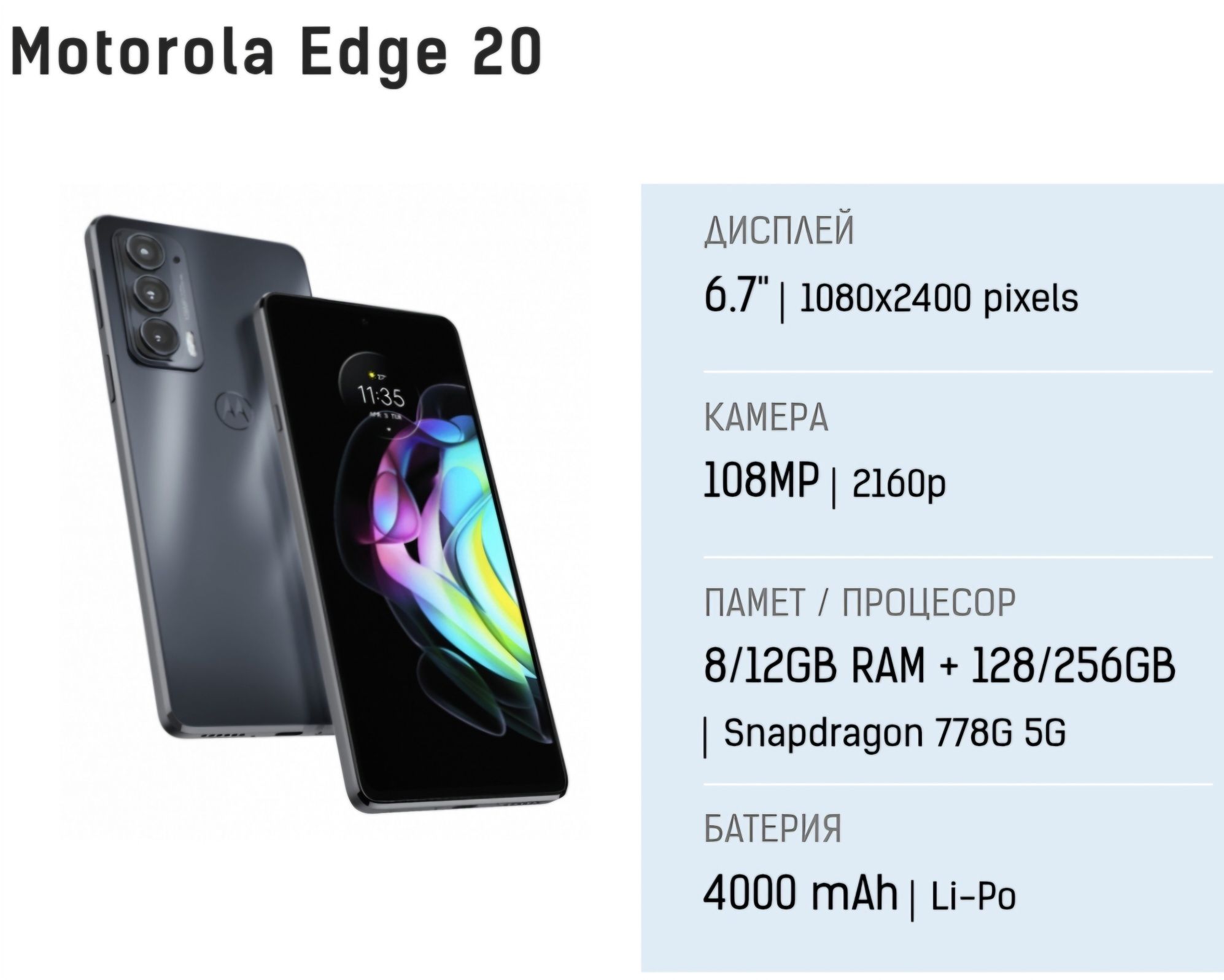 "Motorola Edge 20" -  8 RAM + 128 GB  5G + 108 MP камера