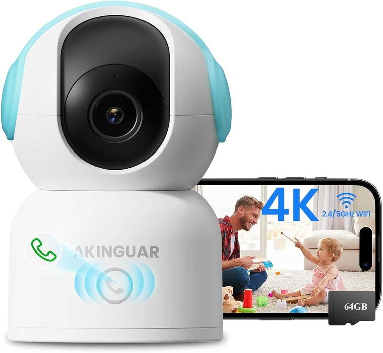 AKINGUAR 4K 8MP Безжична вътрешна камера, 2.4G/5GHz WiFi, 64GB карта