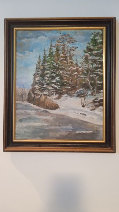 Peisaj iarna la munte,brazi inzapeziti, tablou pictat in ulei pe panza