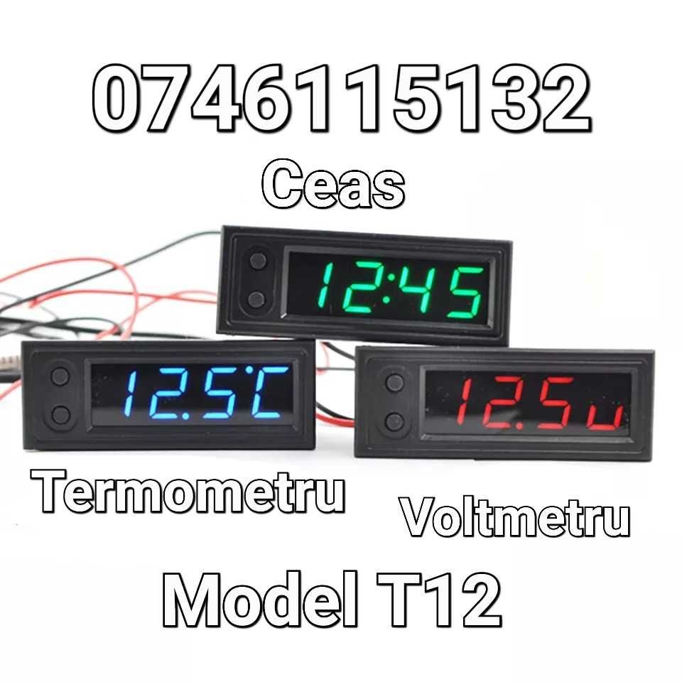 Voltmetru+Termometru+Ceas- 4 în 1 -Digital-Tractor Auto Moto Atv - T12