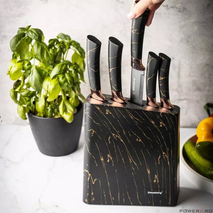 Set cutite din oțel inoxidabil, 6 piese, suport negru cu model maro,