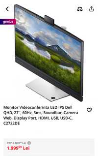 Monitor Dell 27 2K Profesional - USB-C, webcam, soundbar, LAN, C2722DE