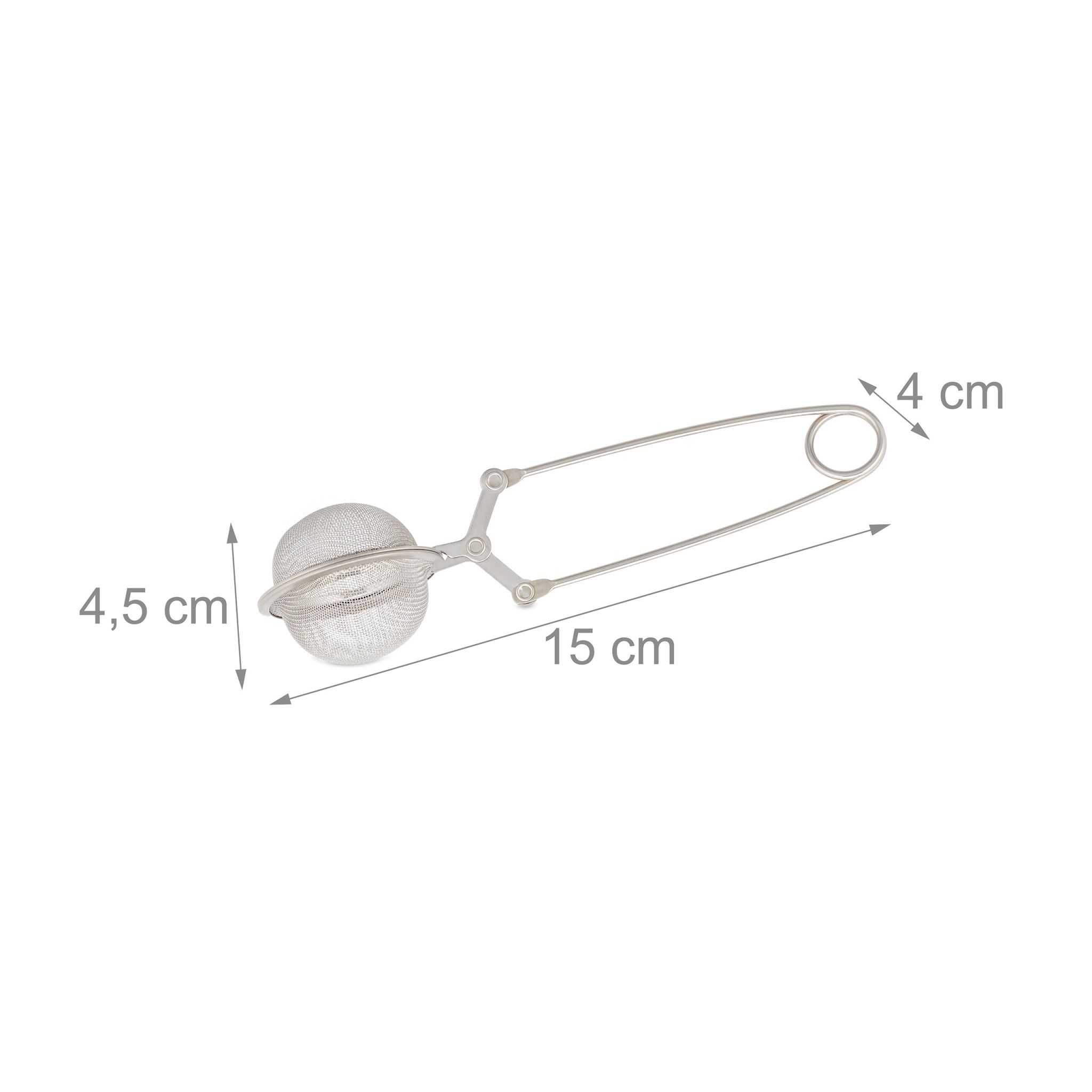 Filtru de ceai tip cleste din inox, forma sferica, argintiu, 15 x 4 cm