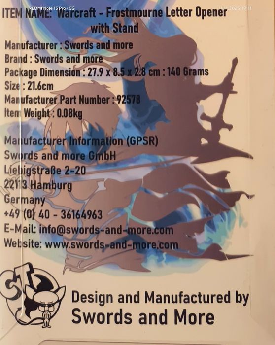 Warcraft - Frostmourne Letter Opener, ediție de colecție. 
with Stand