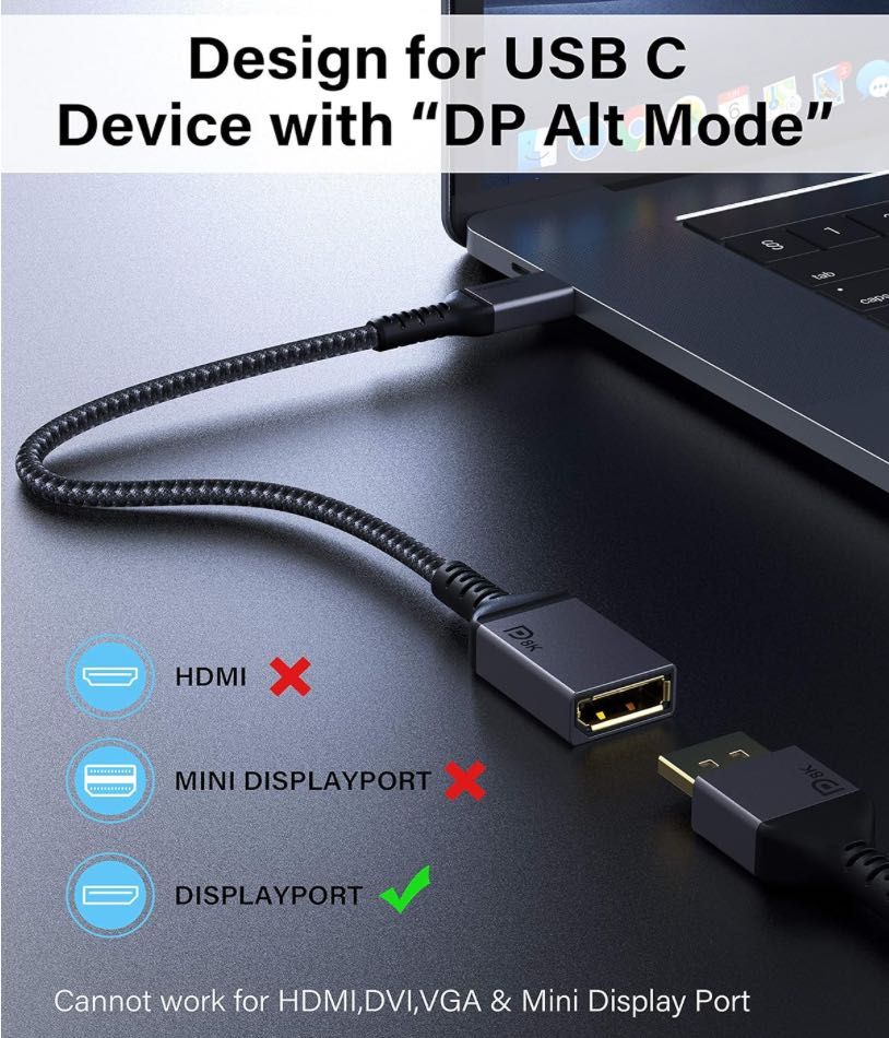 USB C към DisplayPort Адаптер 8K 60Hz DP1.4 Thunderbolt 3