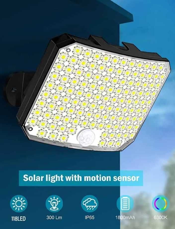 Lampa solara de exterior, senzor miscare si telecomanda, 118 led-uri