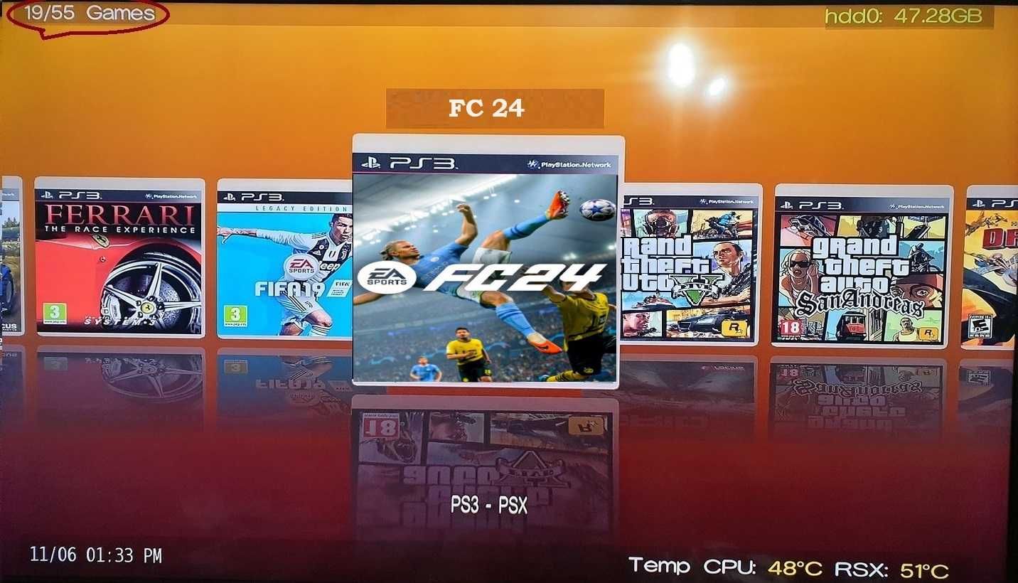 55 jocuri PS3 + Playstation 3 cu GTA V, FIFA 24 / FC 24, Minecraft