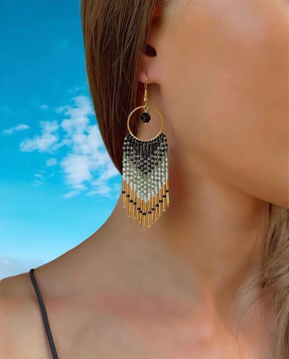 Ръчно изработени обеци, Японски мъниста, Неръждаема стомана, Елегантни