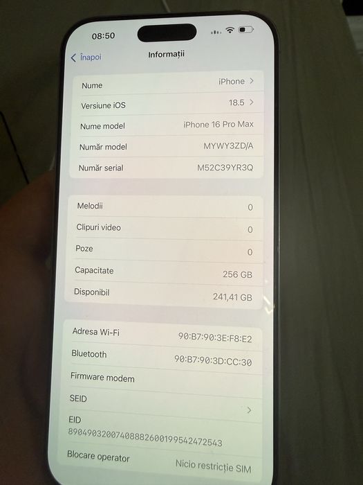 iPhone 16 Pro Max Natural Titanium 256GB impecabil baterie 100%