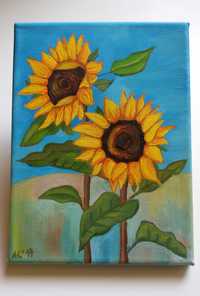 Мини картина - Слънчогледи - маслени бои върху платно