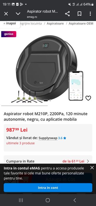 Aspirator robot Lefant M210P, 2200Pa, 120 minute autonomie, negru